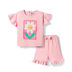 Bonfino 100% Cotton Knit Half Flutter Sleeves T-Shirt & Shorts Set With Floral Embroidery - Light Pink
