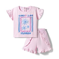 Bonfino 100% Cotton Knit Flutter Sleeves Floral Printed T-Shirt & Shorts Set - Light Pink