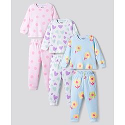 Bonifno 100% Cotton Knit Full Sleeves T-Shirt & Lounge Pant Co-ord Sets With Heart Polka Dot & Floral Print Pack of 3 - Multicolor