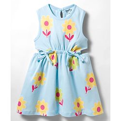 Bonfino 100% Cotton Knit Sleeveless Frock With Floral Print - Light Blue