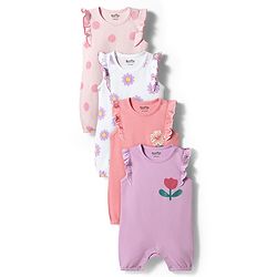 Bonfino 100% Cotton Knit Flutter Sleeves Polka Dots & Floral Printed Rompers Pack of 4 - Pink, White & Peach