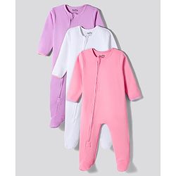 Bonfino 100% Cotton Knit Full Sleeves Solid Colour Footed Sleep Suits Pack of 3 - Pink White & Purple