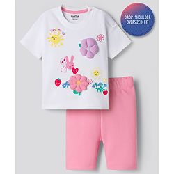Bonfino 100% Cotton Knit Half Sleeves T-Shirt & Shorts Set with Flora Print & 3D Applique - Pink & White