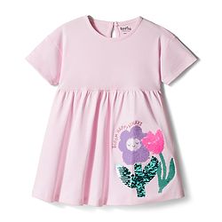 Bonfino 100% Cotton Knit Half Sleeves Frock Dress with Sequin Embroidery - Light Pink