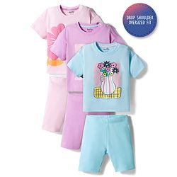 Bonfino 100% Cotton Knit Half Sleeves Oversized T-Shirts & Shorts Sets With Floral Print Pack of 3 - Multicolor