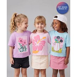 Bonfino 100% Cotton Knit Oversize Drop Shoulder Half Sleeves T-Shirt With Floral Print Pack Of 3 - Light Blue Pink & Dark Pink