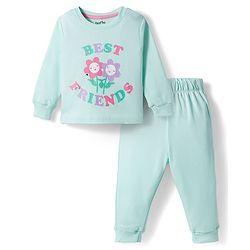 Bonfino 100% Cotton Knit Full Sleeves T-Shirt & Lounge Pant Set With Floral Print - Sea Green