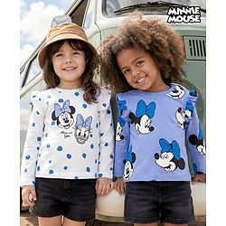 Bonfino Disney Single Jersey Knit Full Sleeves T-Shirts with Minnie & Friends Graphics & Frill Detailing Pack of 2 - White & Blue