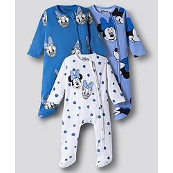 Bonfino Disney Interlock Knit Full Sleeves Footed Sleepsuit With Minnie Mouse & Friends Print Pack Of 3 - Blue White & Light Blue