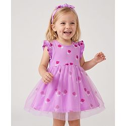 Bonfino 100% Cotton Knit Flutter Sleeves Floral Printed Frock with Headband - Purple