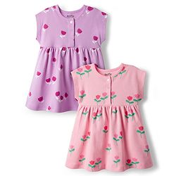 Bonfino 100% Cotton Knit Sleeveless Extended Shoulder Frocks with Floral Print Pack of 2 - Pink & Lilac