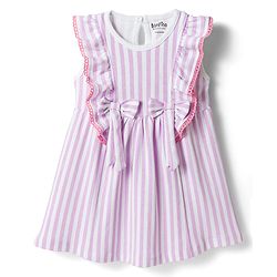 Bonfino 100% Cotton Knit Flutter Sleeves Striped Frock With Bow Applique - White & Pink