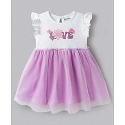 Bonfino 100% Cotton Knit Flutter Sleeves Floral Printed Frock With Mesh - White& Mauve