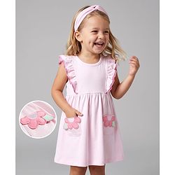 Bonfino Cotton Knit Flutter Sleeves Fit & Flared Frock with Floral Patch & Pockets - Pink