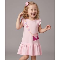 Bonifno 100% Cotton Knit Frill Sleeves Frock With Butterfly Print - Light Pink