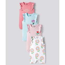 Bonfino 100% Cotton Knit Frill Sleeves Rompers with Floral Print Pack of 4 - Multicolor