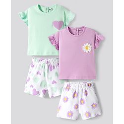 Bonfino 100% Cotton Knit Half Frill Sleeves T-Shirt & Shorts Set with Floral & Heart Print Pack of 2 - Multicolor