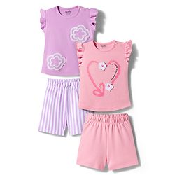 Bonfino 100% Cotton Knit Flutter Sleeves T-Shirts with 3D Applique & Shorts Pack of 2 - Pink & Purple