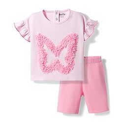 Bonfino 100% Cotton Knit Half Flutter Sleeves T-Shirt & Shorts Set with 3D Floral Applique - Pink