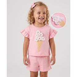 Bonfino 100% Cotton Half Flutter Sleeves T-Shirt & Shorts Set With Floral 3D Applique - Pink