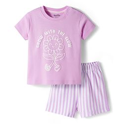 Bonfino 100% Cotton Knit Half Sleeves T-Shirt & Shorts Set with Floral Print & Stripes - Purple