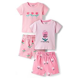 Bonfino 100% Cotton Knit Half Sleeves T-Shirt & Shorts Sets With Floral Print Pack of 2 - Multicolor