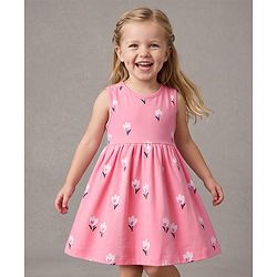 Bonfino 100% Cotton Knit Sleeveless Frock with Bloomer & Floral Print - Pink