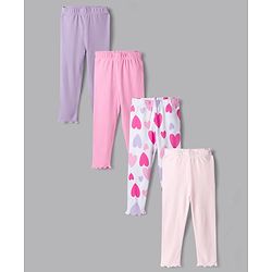 Bonfino 100% Cotton Rib Knit Full Length Heart Printed Leggings Pack of 4 - Multicolor