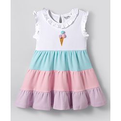 Bonfino 100% Cotton Knit Frill Sleeves Cut &  Sew Tiered Frock with Pompom Applique - White