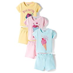Bonfino 100% Cotton Knit Half Sleeves Ice Cream Printed T-Shirts & Shorts Night Suit Pack of 3 - Blue Pink & Yellow