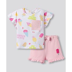Bonfino 100% Cotton Knit Half Sleeves T-Shirt & Shorts Set with Ice Cream Print - White