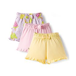 Bonfino 100% Cotton Knit Shorts with Ice Cream Print & Bow Applique Pack of 3 - Purple Pink & Yellow