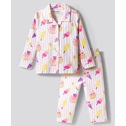 Bonfino 100% Cotton Knit Full Sleeves Co-ords Shirt & Pajama Night Suit with Popsicle Print - White