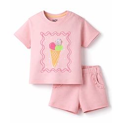 Bonfino 100% Cotton Knit Half Sleeves Oversized T-Shirt & Shorts Set with Ice Cream Print & Applique - Light Pink