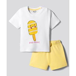 Bonfino 100% Cotton Knit Half Sleeves Oversized T-Shirt & Shorts Set with Popsicle Print - Yellow & White