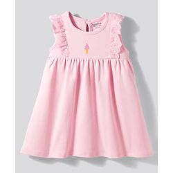 Bonfino Cotton Knit Flutter Sleeves Dress with Ice Cream Embroidery - Light Pink