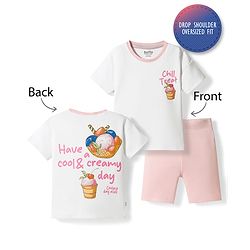 Bonfino 100% Cotton Knit Half Sleeves Oversized Text Printed T-Shirt & Shorts Set -Pink & White