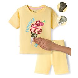 Bonfino 100% Cotton Knit Half Sleeves Oversized T-Shirt & Shorts Set with Sequin Detailing & Embroidery - Yellow