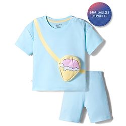 Bonfino 100% Cotton Knit Half Sleeves T-Shirt & Shorts Set With Functional Zipper Bag Applique - Blue