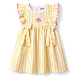 Bonfino Cotton Knit Flutter Sleeves Fit & Flare Striped Frock With Sea Shell Embroidery & Bow Applique - Yellow & White