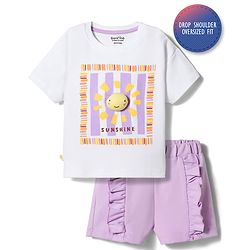 Bonfino 100% Cotton Knit Drop Shoulder Half Sleeves Oversized T-Shit & Shorts Set with Sun Print & Applique - White