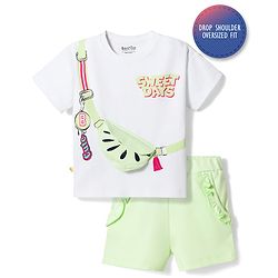 Bonfino 100% Cotton Knit Drop Shoulder Half Sleeves Oversized T-Shit & Shorts Set with Sweet Days Print & Functional Bag - White