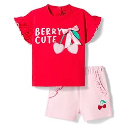 Bonfino 100% Cotton Knit Half Flutter Sleeves T-Shirt & Shorts Set with Cherry Print & Bow Applique - Red