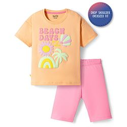 Bonfino 100% Cotton Knit Drop Shoulder Half Sleeves Oversized T-Shirt & Shorts Set with Beach Theme Print - Peach & Pink