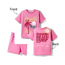 Bonfino 100% Cotton Knit Half Sleeves Oversized T-Shirt & Shorts Set with Beach Theme Print - Dark Pink