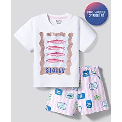 Bonfino 100% Cotton Knit Drop Shoulder Half Sleeves Oversized T-Shirt & Striped Shorts Set with Fish Print - White