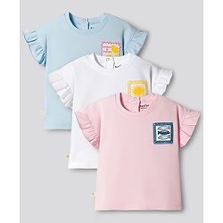 Bonfino 100% Cotton Knit Half Flutter Sleeves T-Shirts with Fish & Lemon Print Pack of 3-Pink, Blue & White