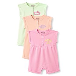 Bonfino 100% Cotton Knit Sleeveless Text Printed Romper Pack Of 3 - Multicolor