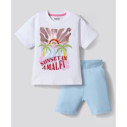 Bonfino 100% Cotton Knit Half Sleeves Oversized T-Shirt & Shorts Set with Beach Theme Print - White