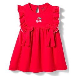 Bonfino 100% Cotton Knit Frill Sleeves Fit & Flared Dress with Cherry Embroidery & Bow Applique -Red